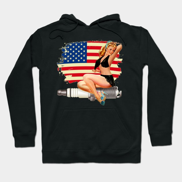 Sexy Pin Up Girl on Spark Plug - American Flag Hoodie by Wilcox PhotoArt